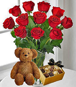 12 Red Roses, Chocolates & Bear