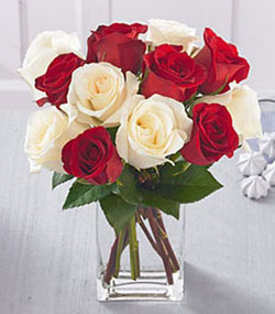 6 Red & 6 White Roses in cube 