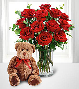 Flowers by Shirley - Anniversary - 12 Red Roses & Bear